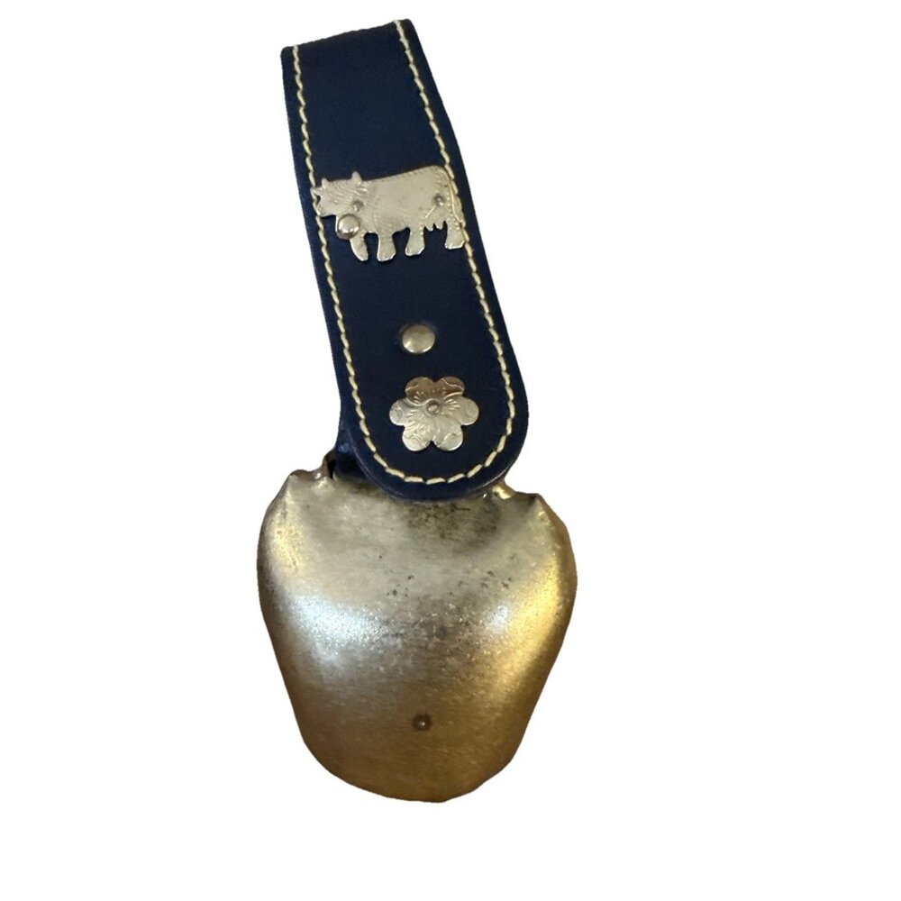 Swiss Brass cowbell, leather strap, ornate buckle, vintage 7.5in